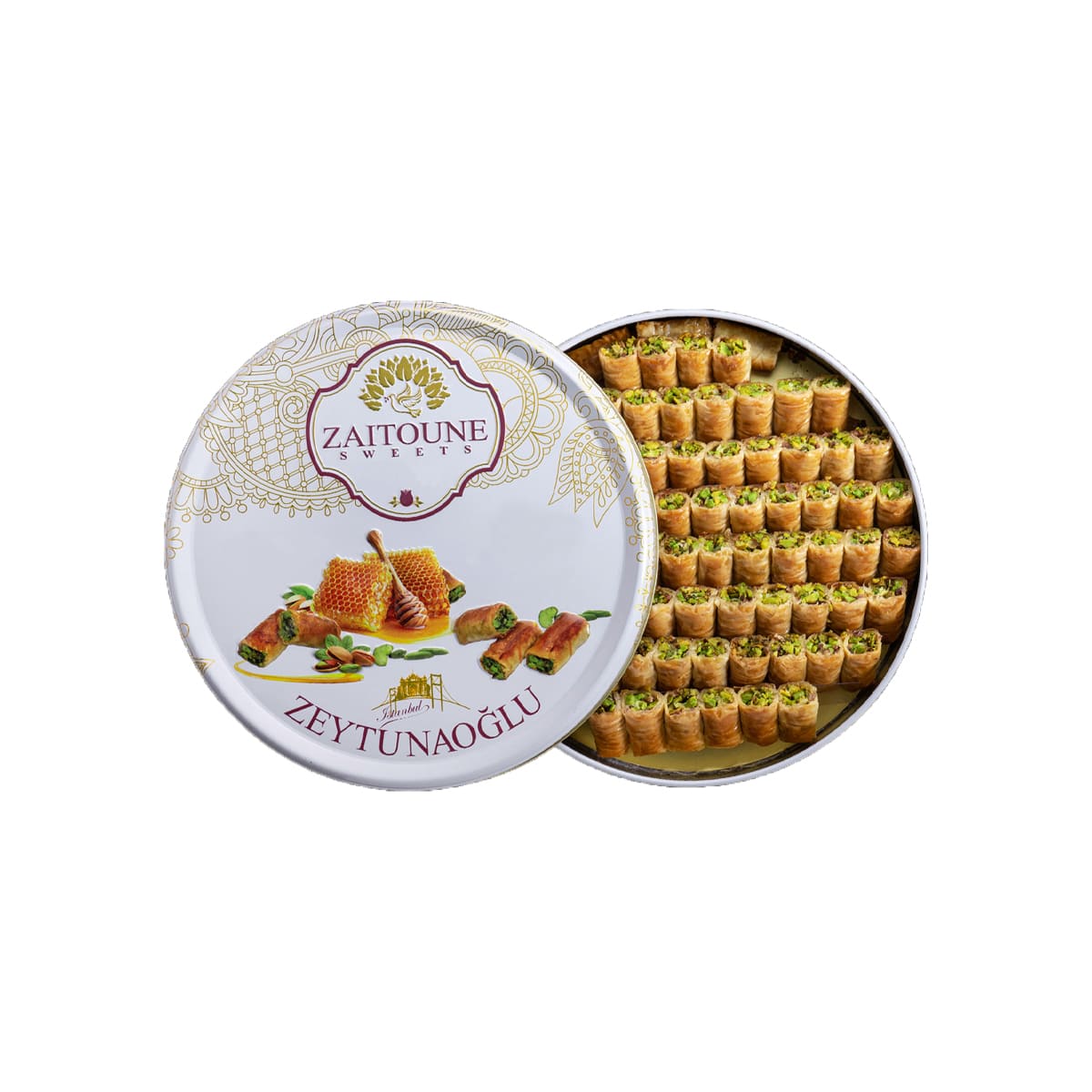 Pistachio Finger Baklava with Honey in Metal Box Zaitoune 500 gr (17.64oz)