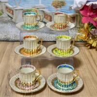 Porselen El Dekor Arnis Colorful Hand-Painted Coffee Serving Set 6 Pieces