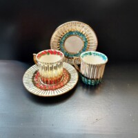 Porselen El Dekor Arnis Colorful Hand-Painted Porcelain Golden Coffee Serving Set 2 Pieces