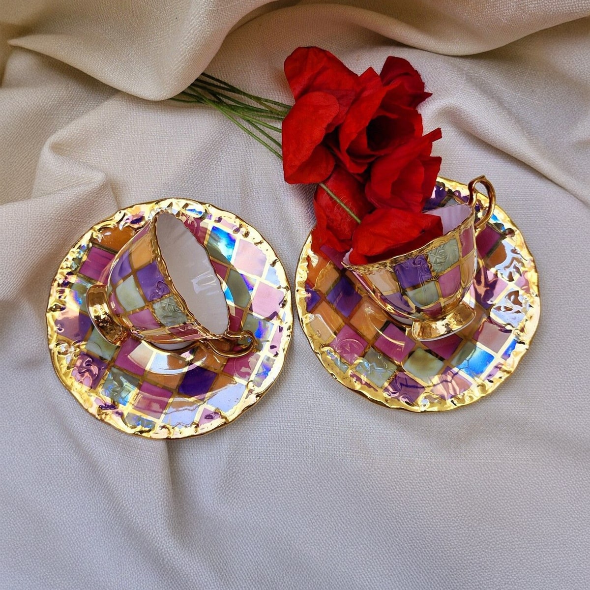 Porselen El Dekor Dama Hand-Painted Porcelain Golden Coffee Serving Set 2 Pieces