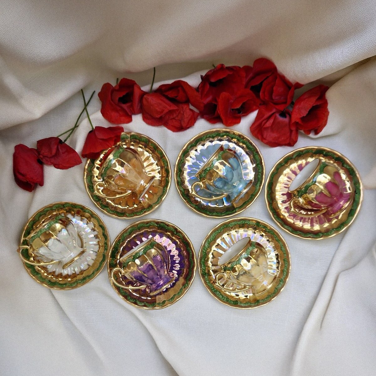 Porselen El Dekor Mali Colorful Hand-Painted Porcelain Golden Coffee Serving Set 6 Pieces