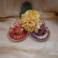 Porselen El Dekor Pink and Purple Valeko Hand-Painted Porcelain Golden Coffee Serving Set 2 Pieces