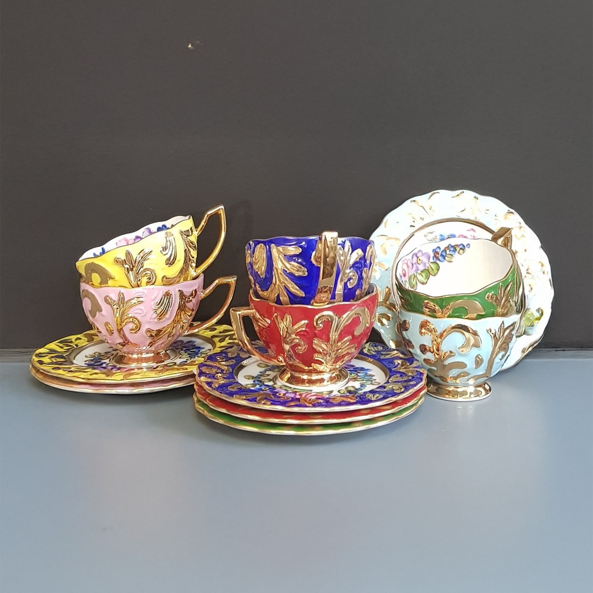 Porselen El Dekor Suliman Colorful Hand-Painted Porcelain Golden Coffee Serving Set 6 Pieces
