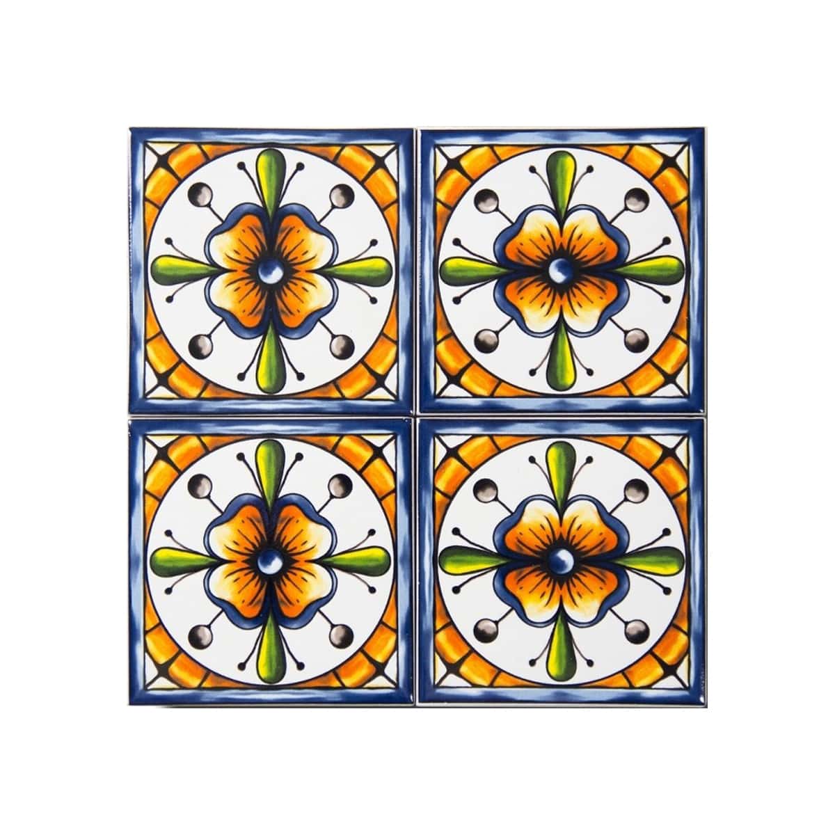 Talavera Patterned 10x10 cm Mexican Style Porcelain Tile Set (ics134) Ikbal Porselen - 4 Pieces