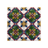 Talavera Patterned 10x10 cm Mexican Style Porcelain Tile Set (ics141) Ikbal Porselen - 4 Pieces